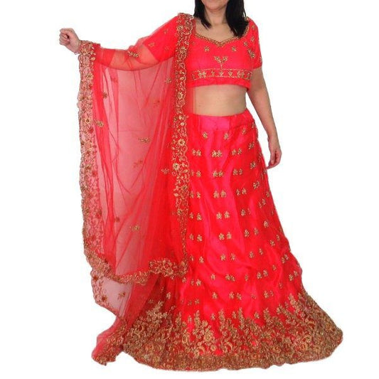 Conjunto Lengha choli y dupatta bordado color coral