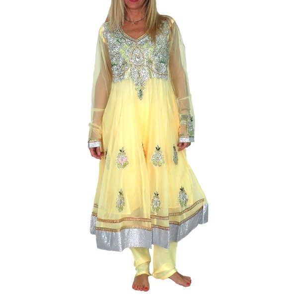 Anarkali bollywood amarillo con bordados de pedrería