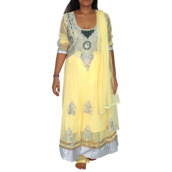 Anarkali bollywood amarillo con bordados de pedrería