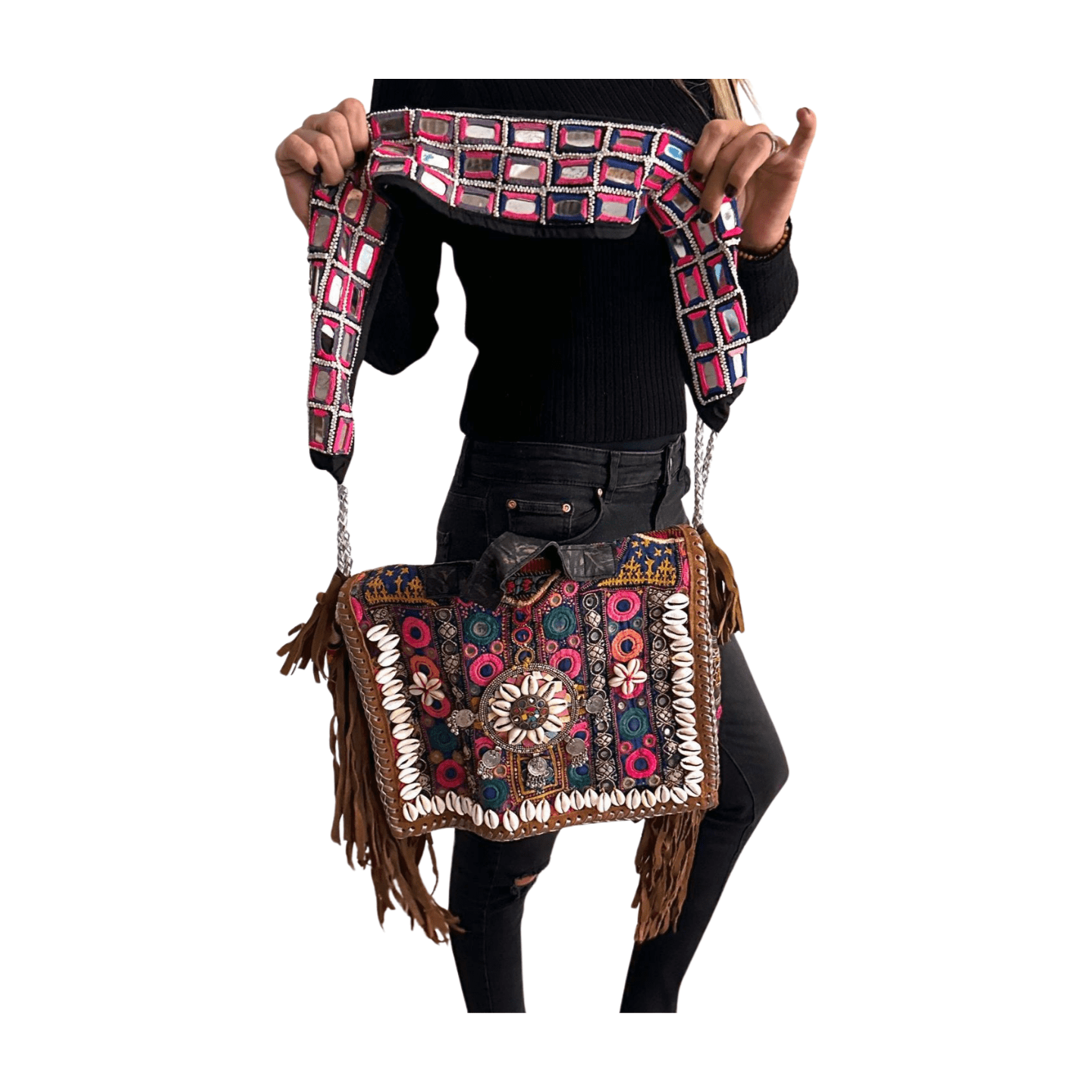 Bolso bohemio de piel con flecos y abalorios-BP2