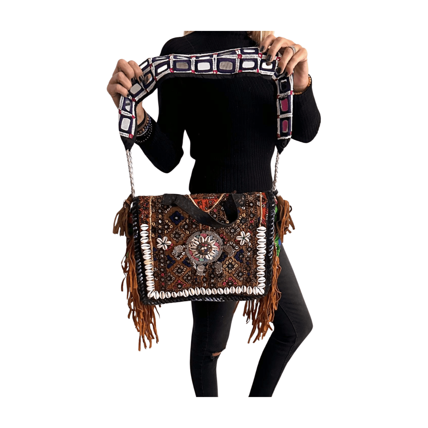Bolso bohemio de piel con flecos y abalorios-BP3