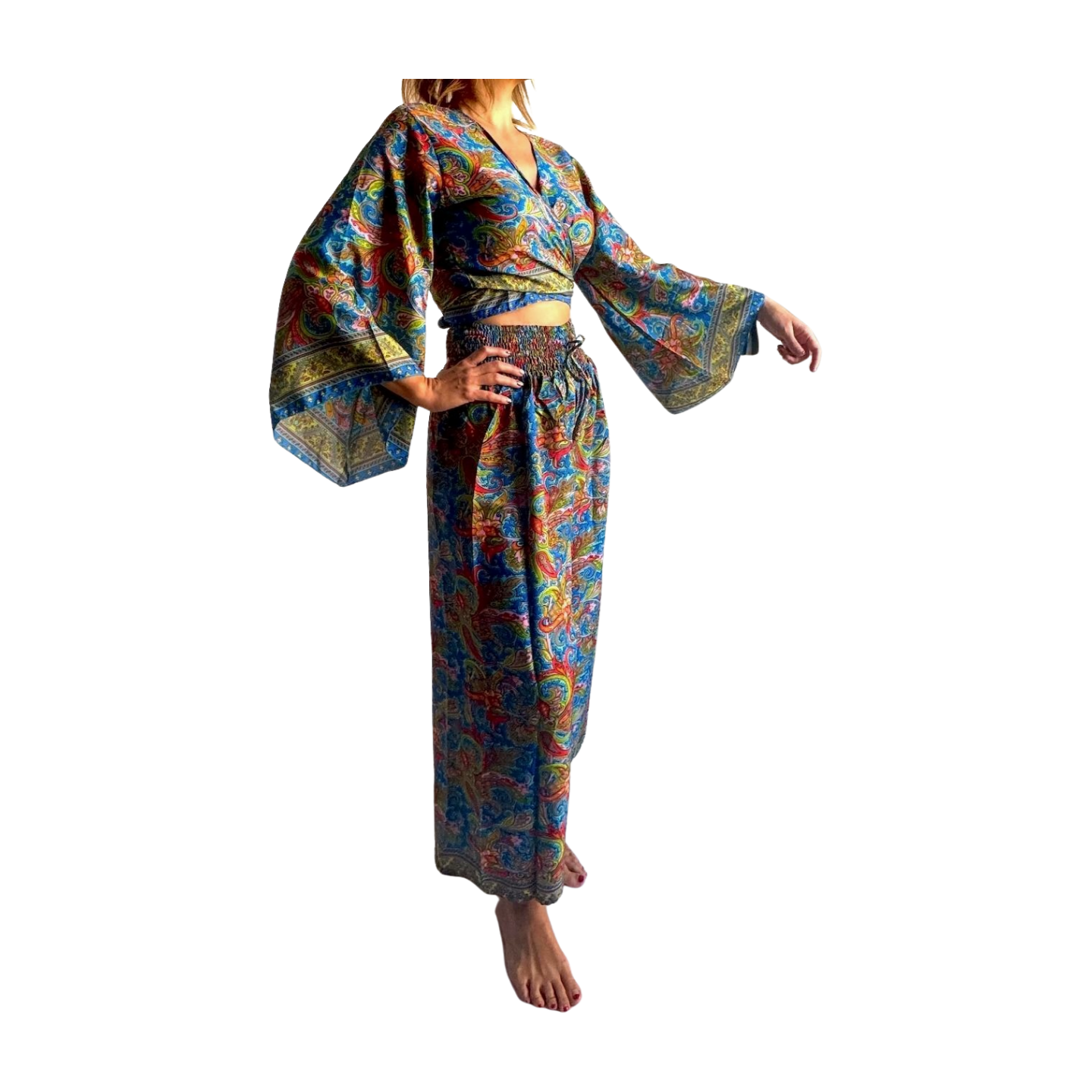 Conjunto de blusa y pantalón ancho de seda india
