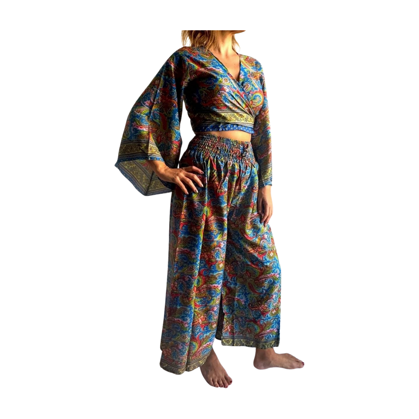 Conjunto de blusa y pantalón ancho de seda india