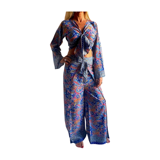 Conjunto de blusa y pantalón superpuesto de seda india