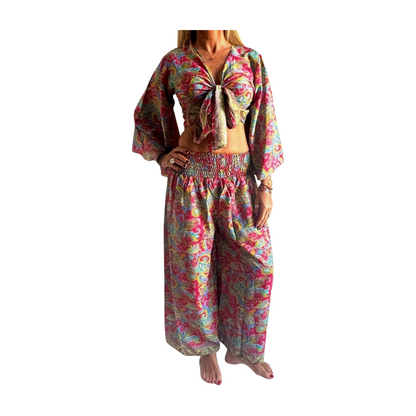 Conjunto de blusa y pantalón ancho de seda india