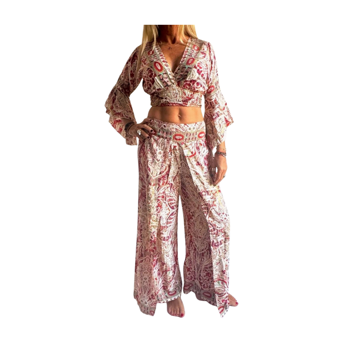 Conjunto de blusa y pantalón superpuesto de seda india