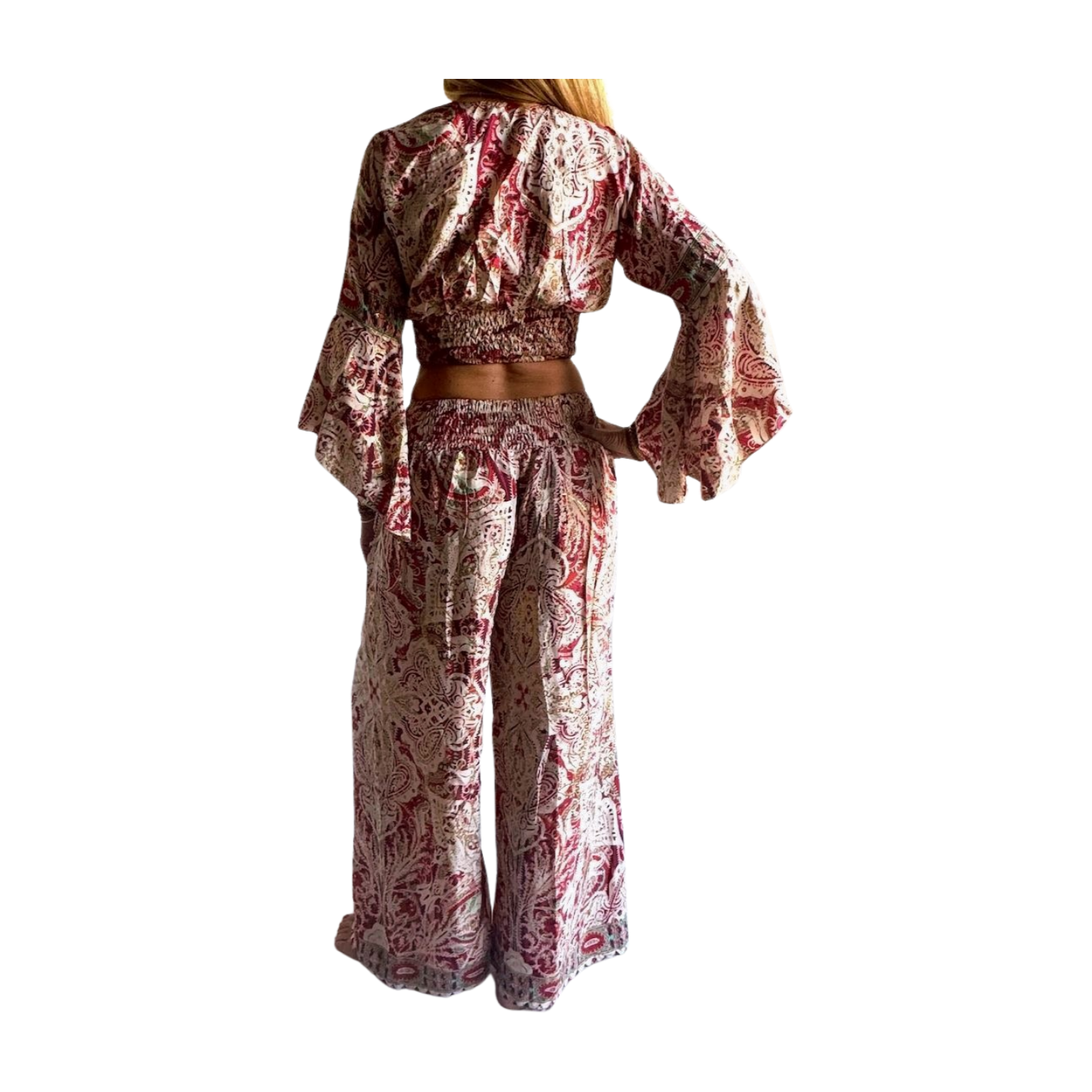 Conjunto de blusa y pantalón superpuesto de seda india