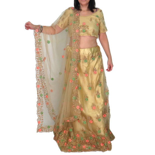 Conjunto Lengha choli y dupatta bordado color dorado