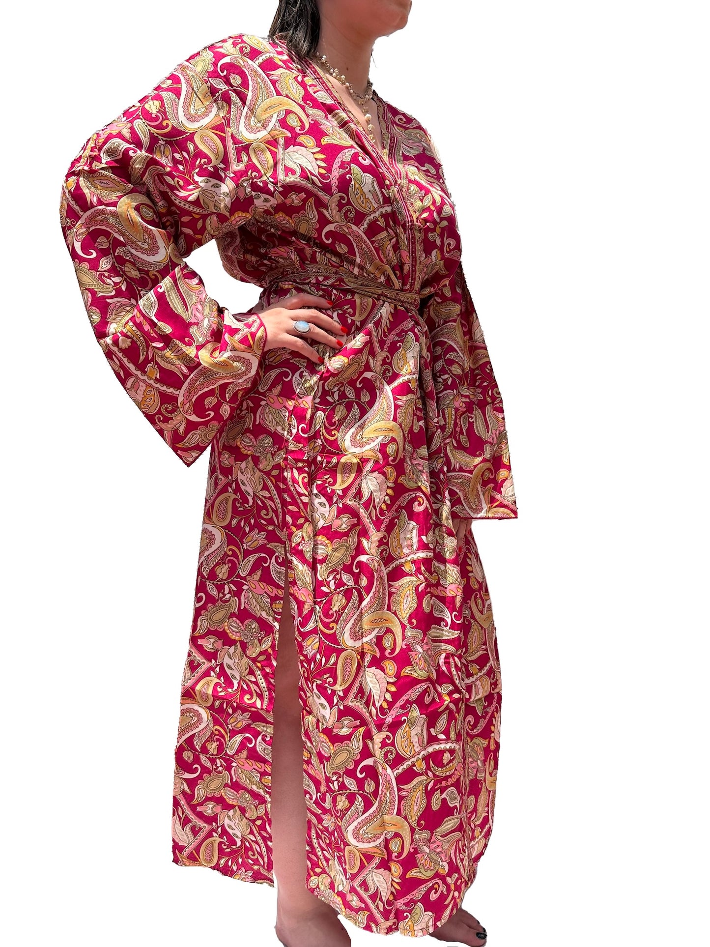 Kimono de seda india estampado granate – comercio ético