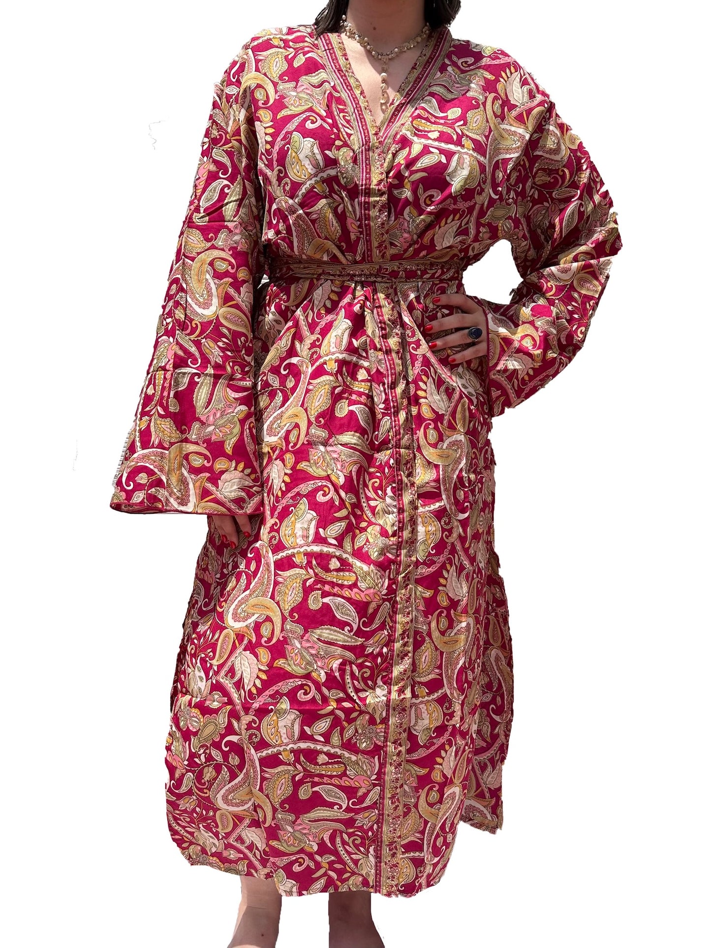 Kimono de seda india estampado granate – comercio ético