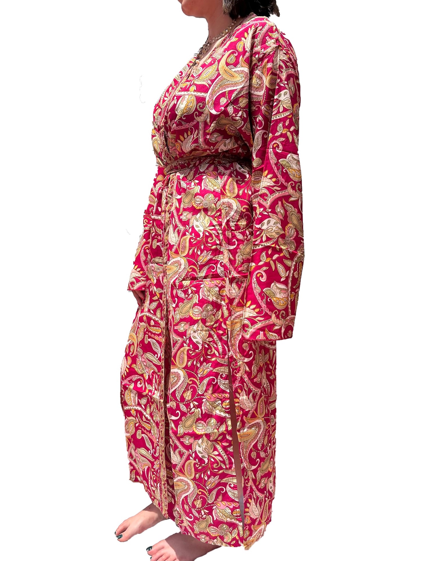 Kimono de seda india estampado granate – comercio ético