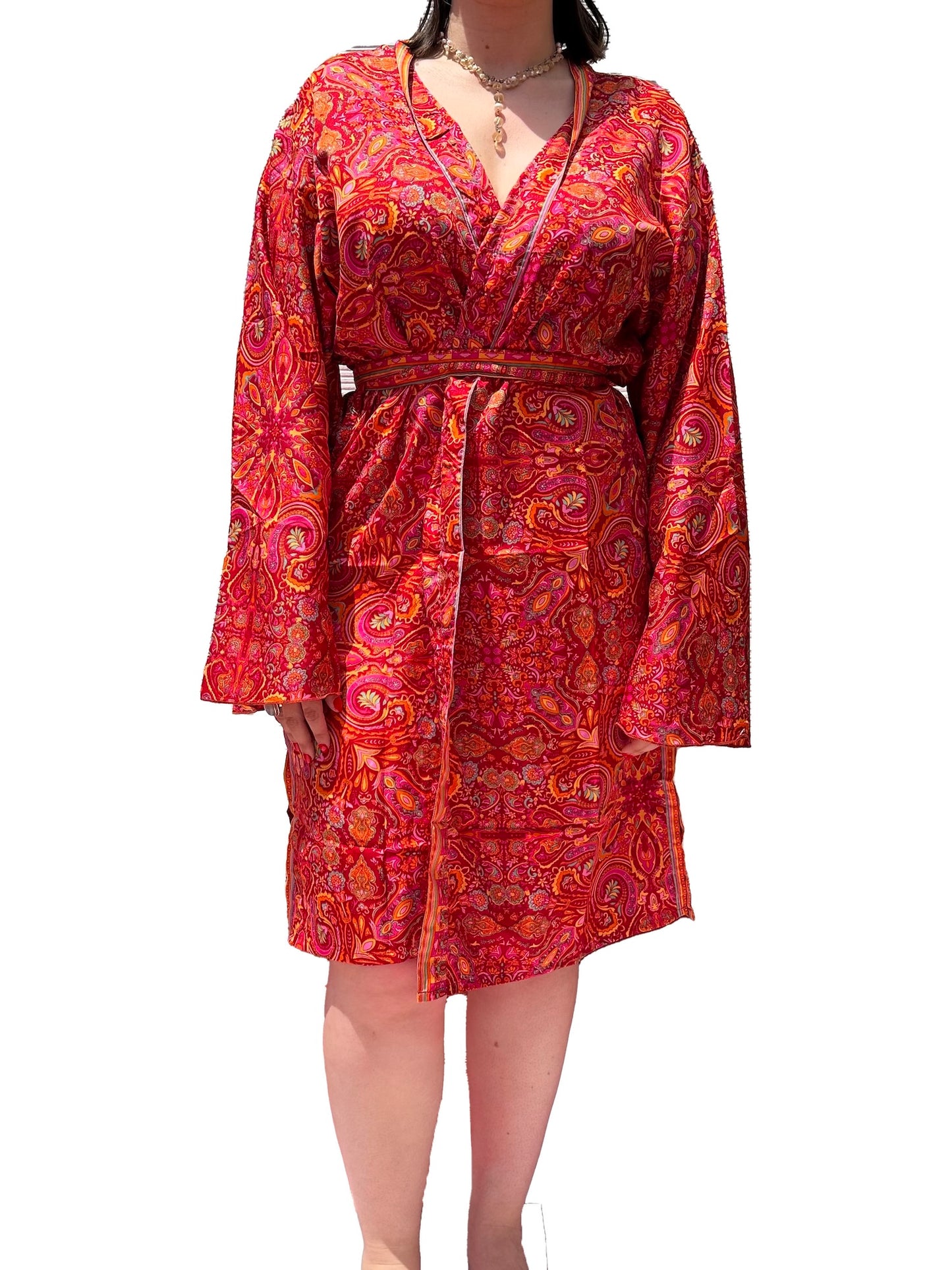 Kimono corto de seda india estampado azul– comercio ético