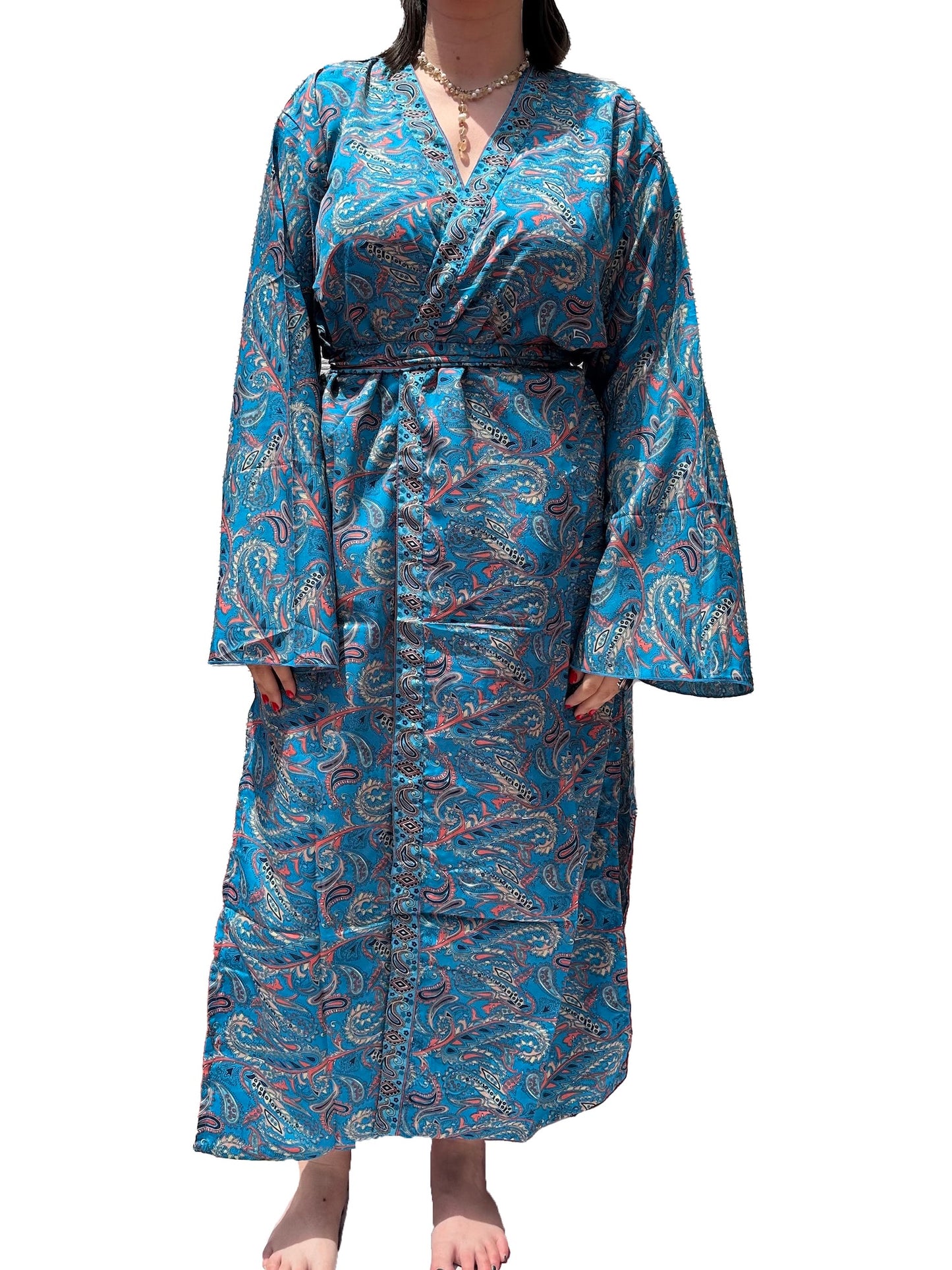 Kimono de seda india estampado azul – comercio ético