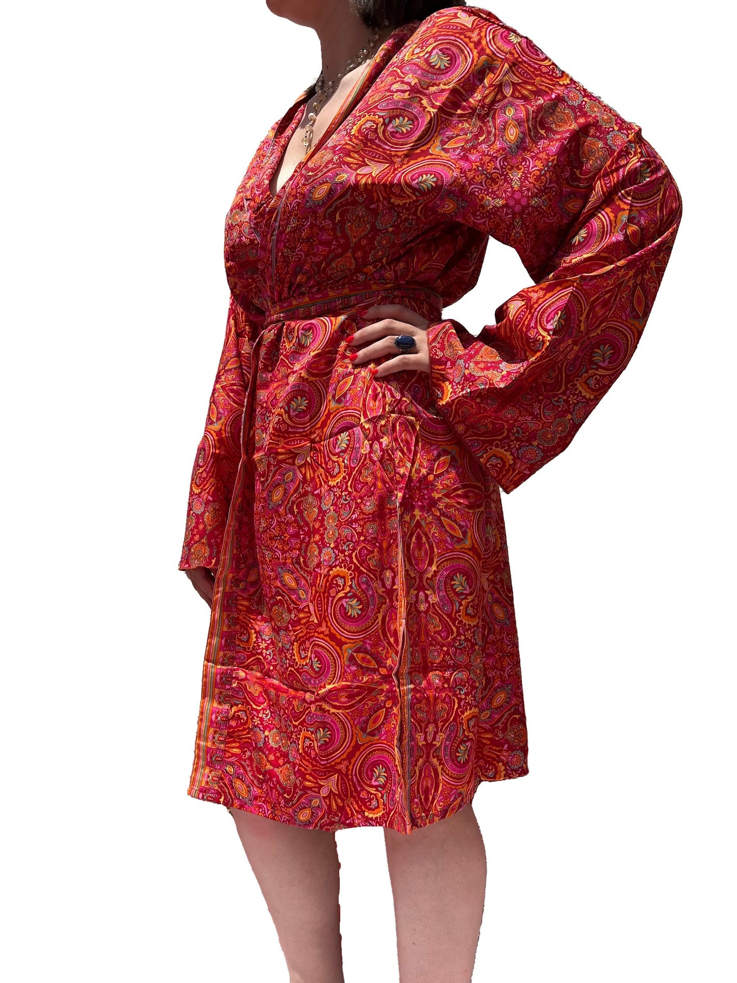 Kimono corto de seda india estampado azul– comercio ético