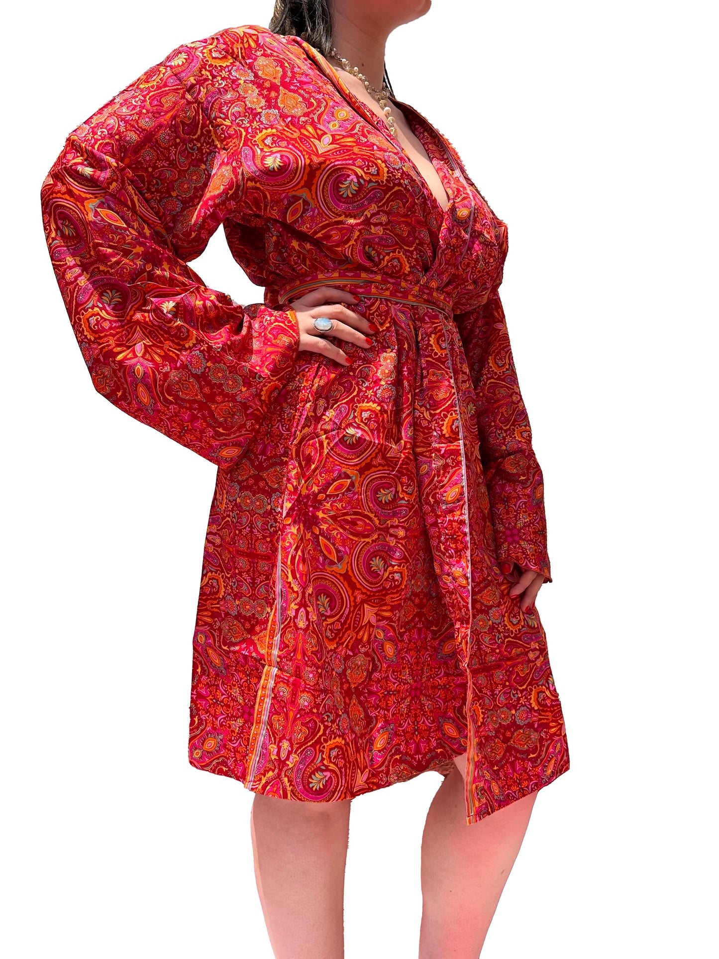 Kimono corto de seda india estampado azul– comercio ético