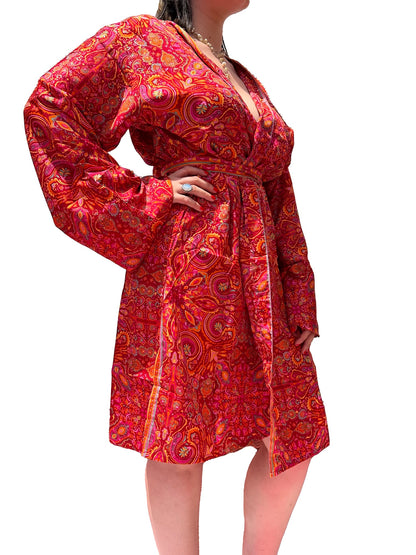 Kimono corto de seda india estampado azul– comercio ético
