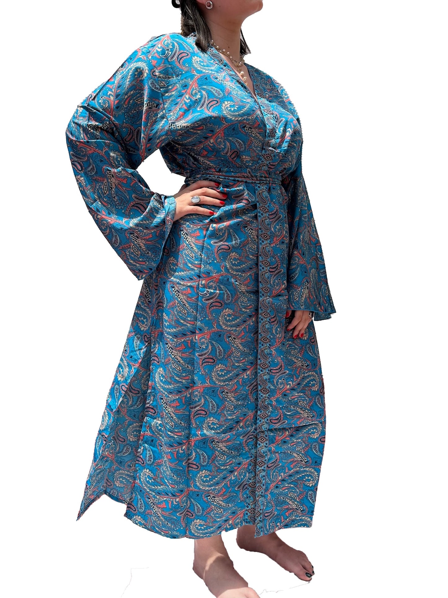Kimono de seda india estampado azul – comercio ético