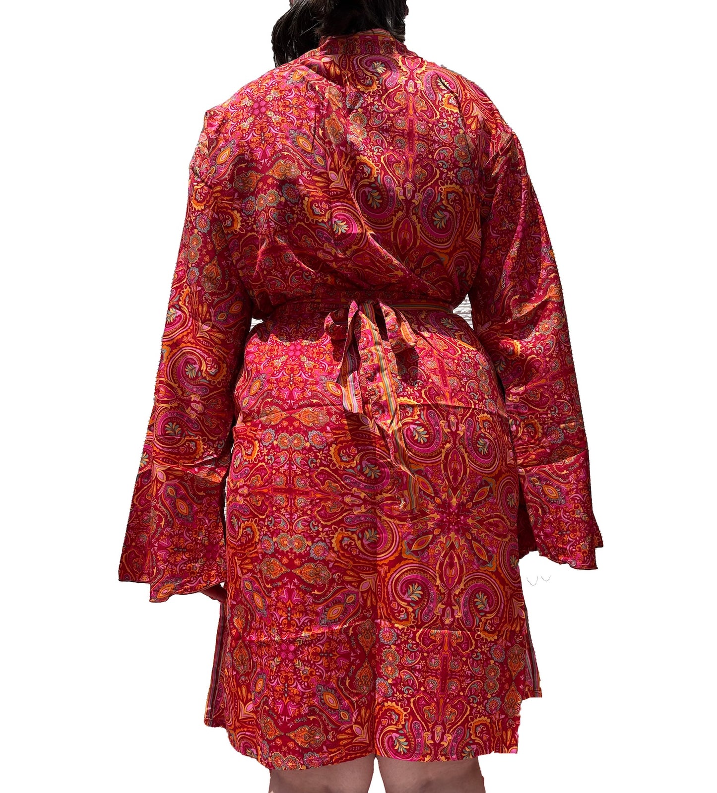 Kimono corto de seda india estampado azul– comercio ético