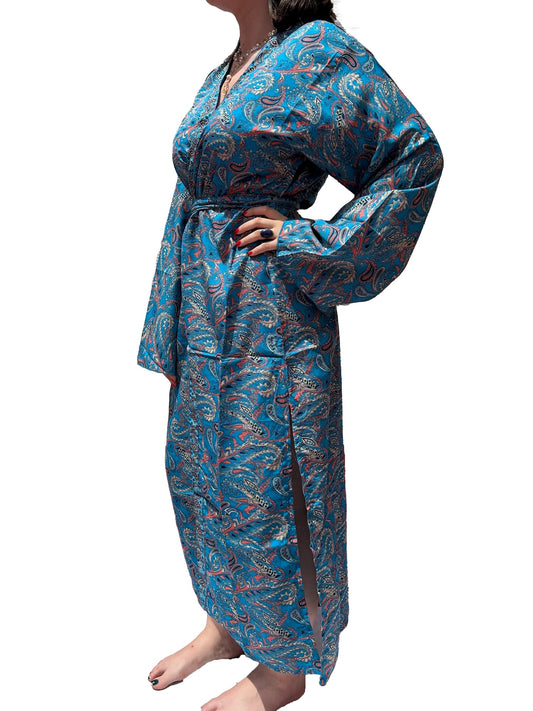 Kimono de seda india estampado azul – comercio ético