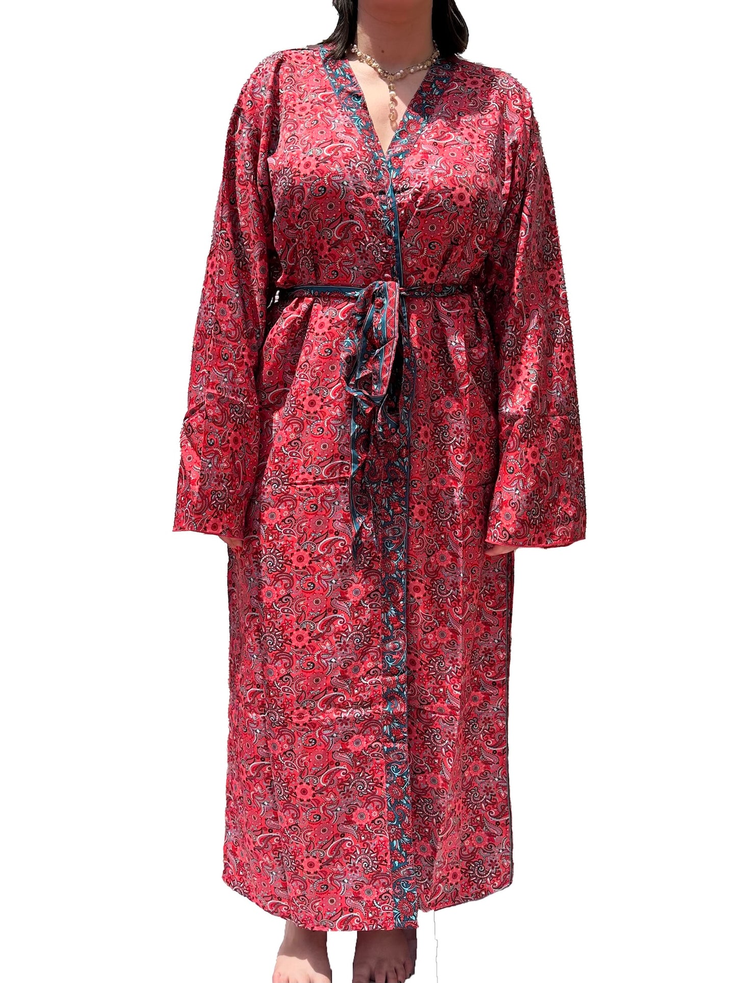 Kimono de seda india estampado rojo coral – comercio ético