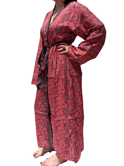 Kimono de seda india estampado rojo coral – comercio ético