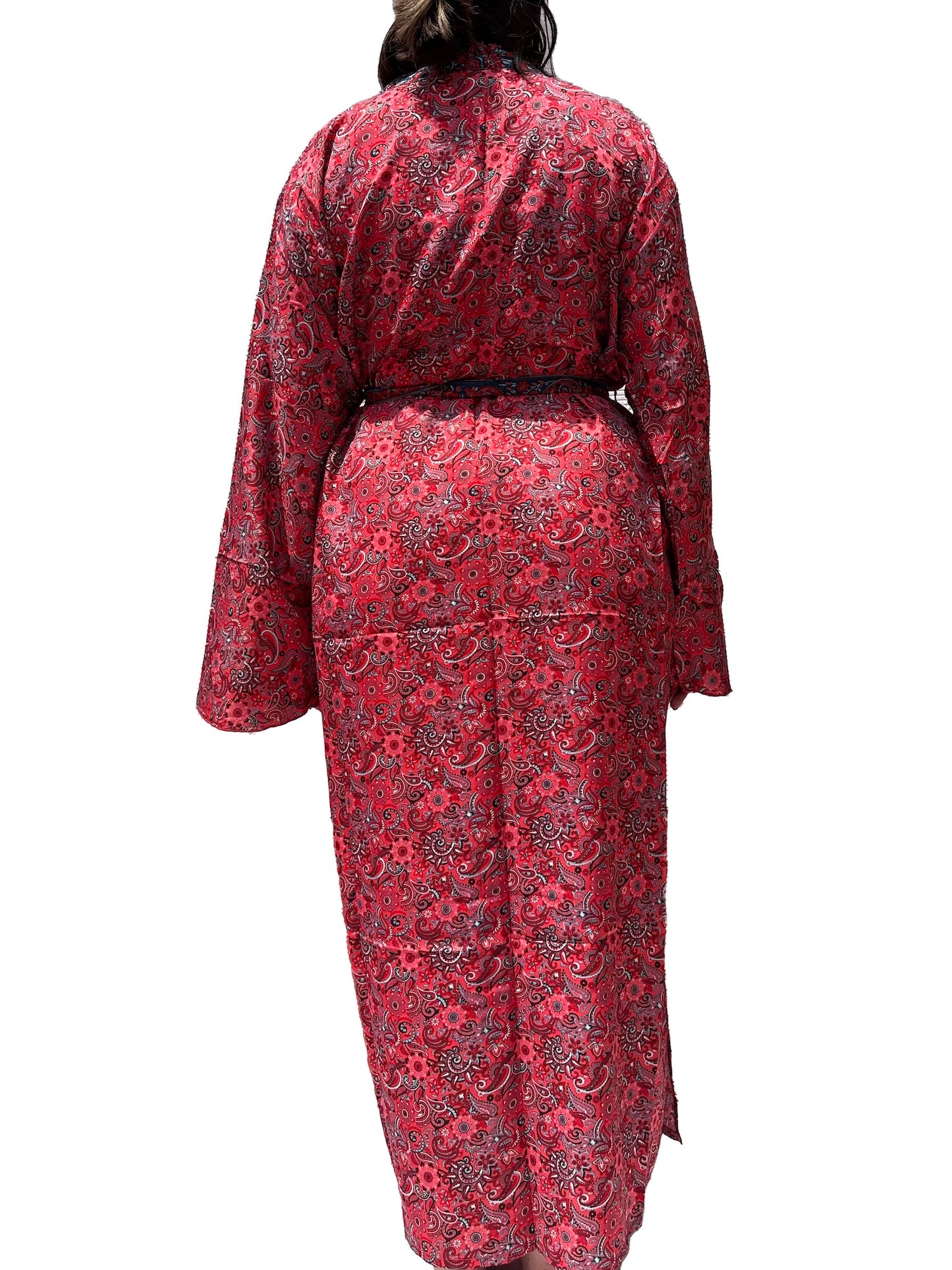 Kimono de seda india estampado rojo coral – comercio ético