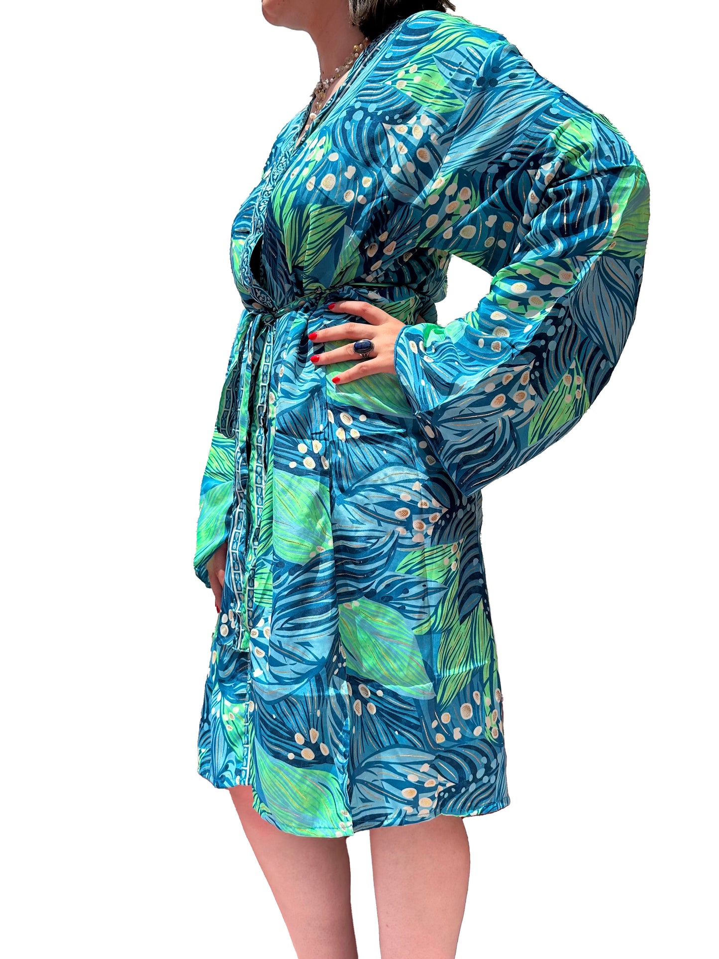 Kimono de seda india estampado azul, verde y dorado– comercio ético