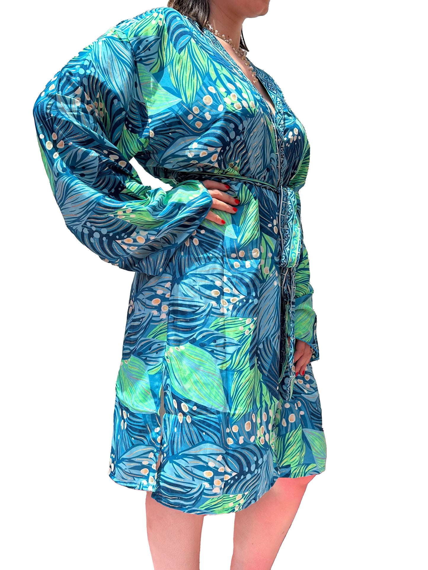 Kimono de seda india estampado azul, verde y dorado– comercio ético
