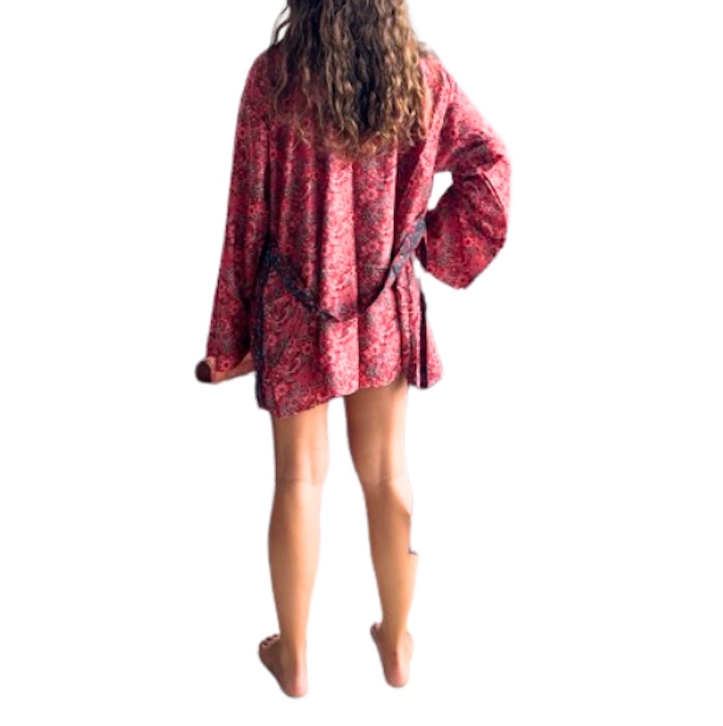 Kimono de seda india estampado rojo coral – comercio ético