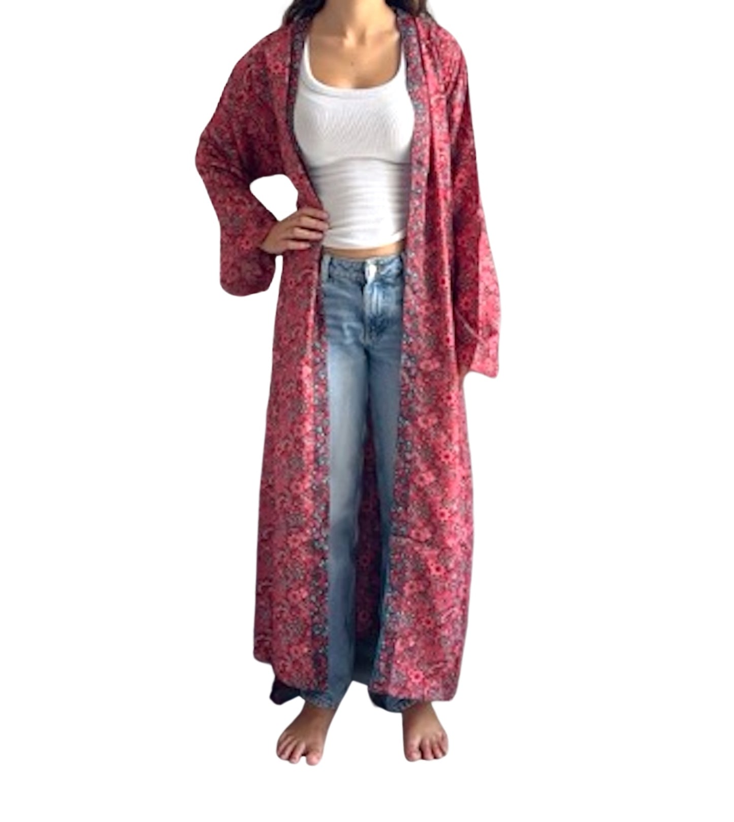 Kimono de seda india estampado rojo coral – comercio ético