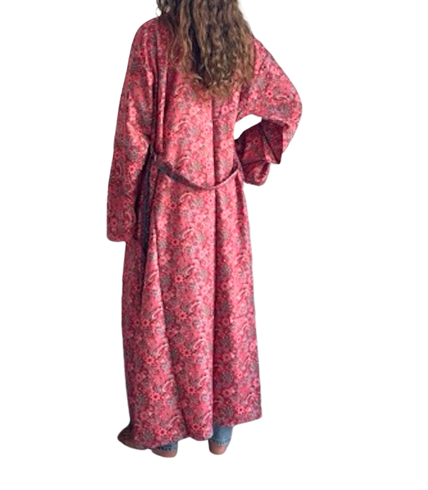 Kimono de seda india estampado rojo coral – comercio ético