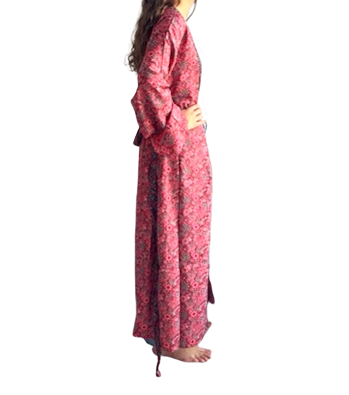 Kimono de seda india estampado rojo coral – comercio ético