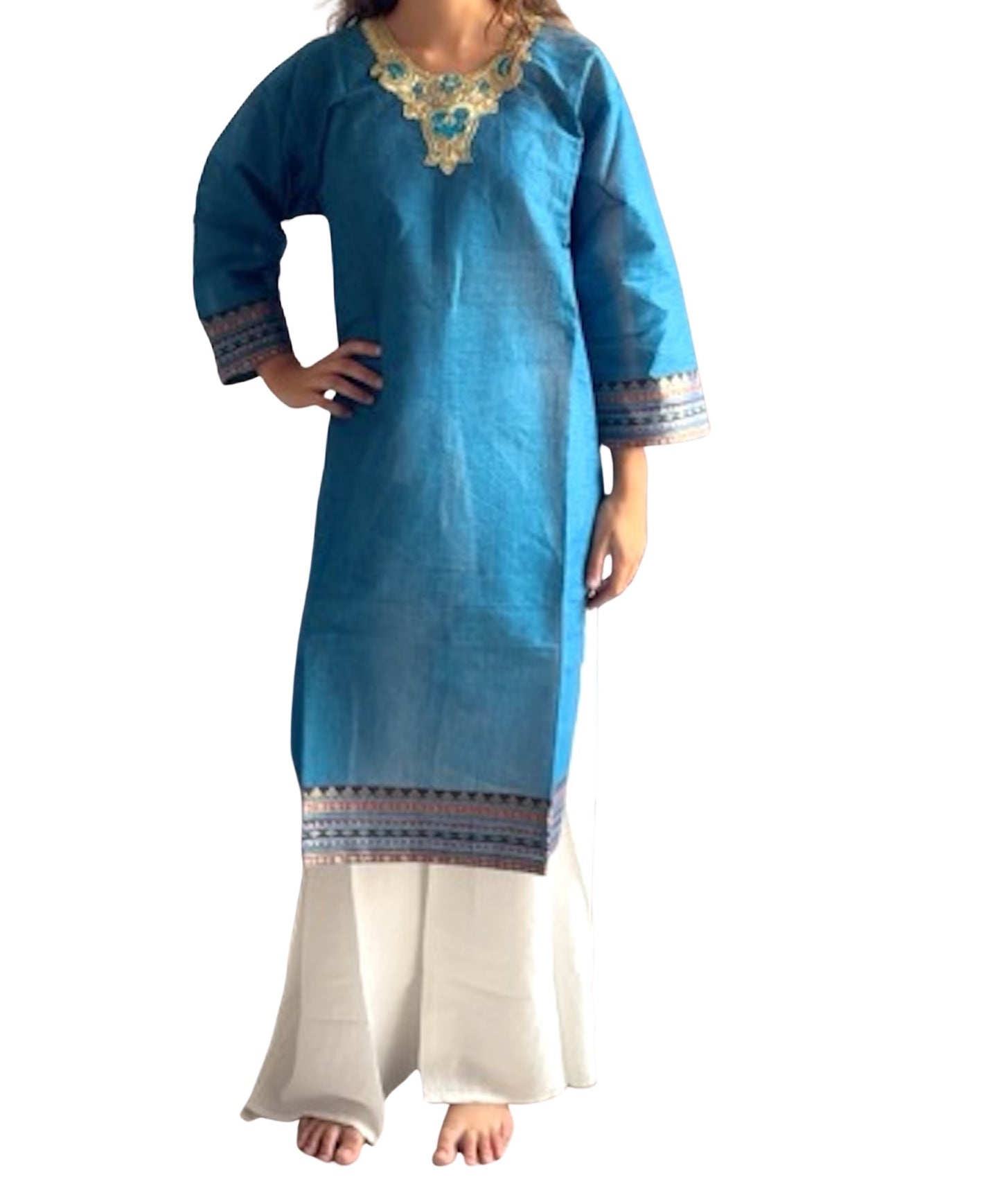 Kurti de South Cotton Azul con Escote Bordado