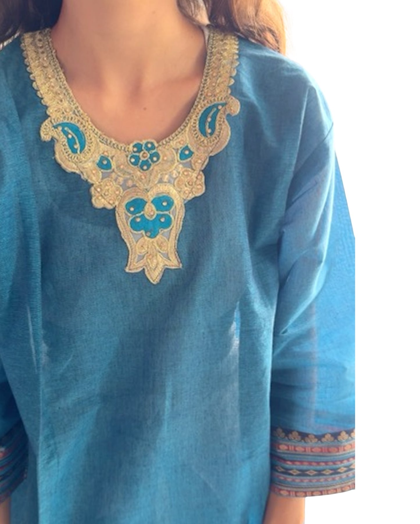 Kurti de South Cotton Azul con Escote Bordado