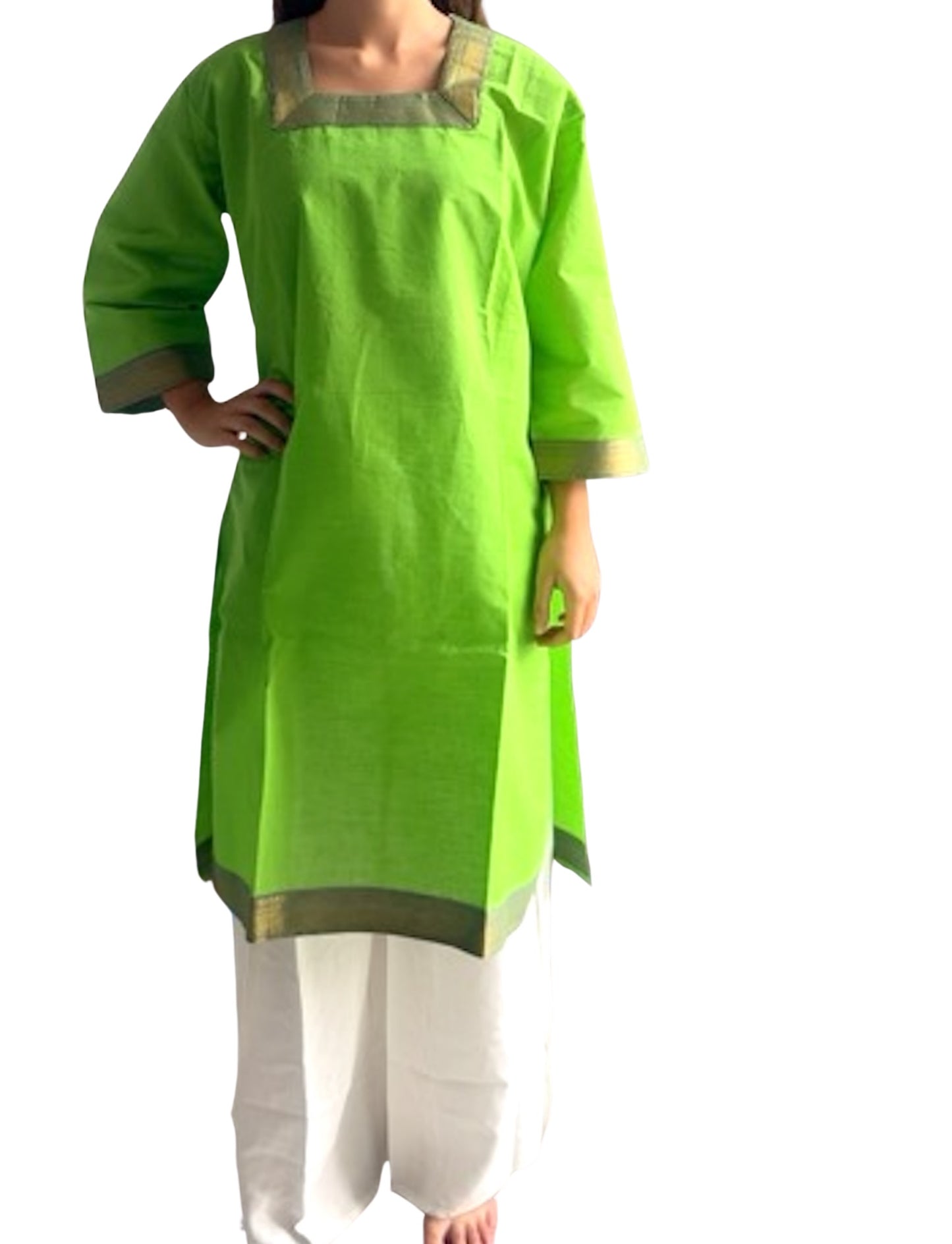 Kurti de South Cotton Verde Manzana con Escote Bordado