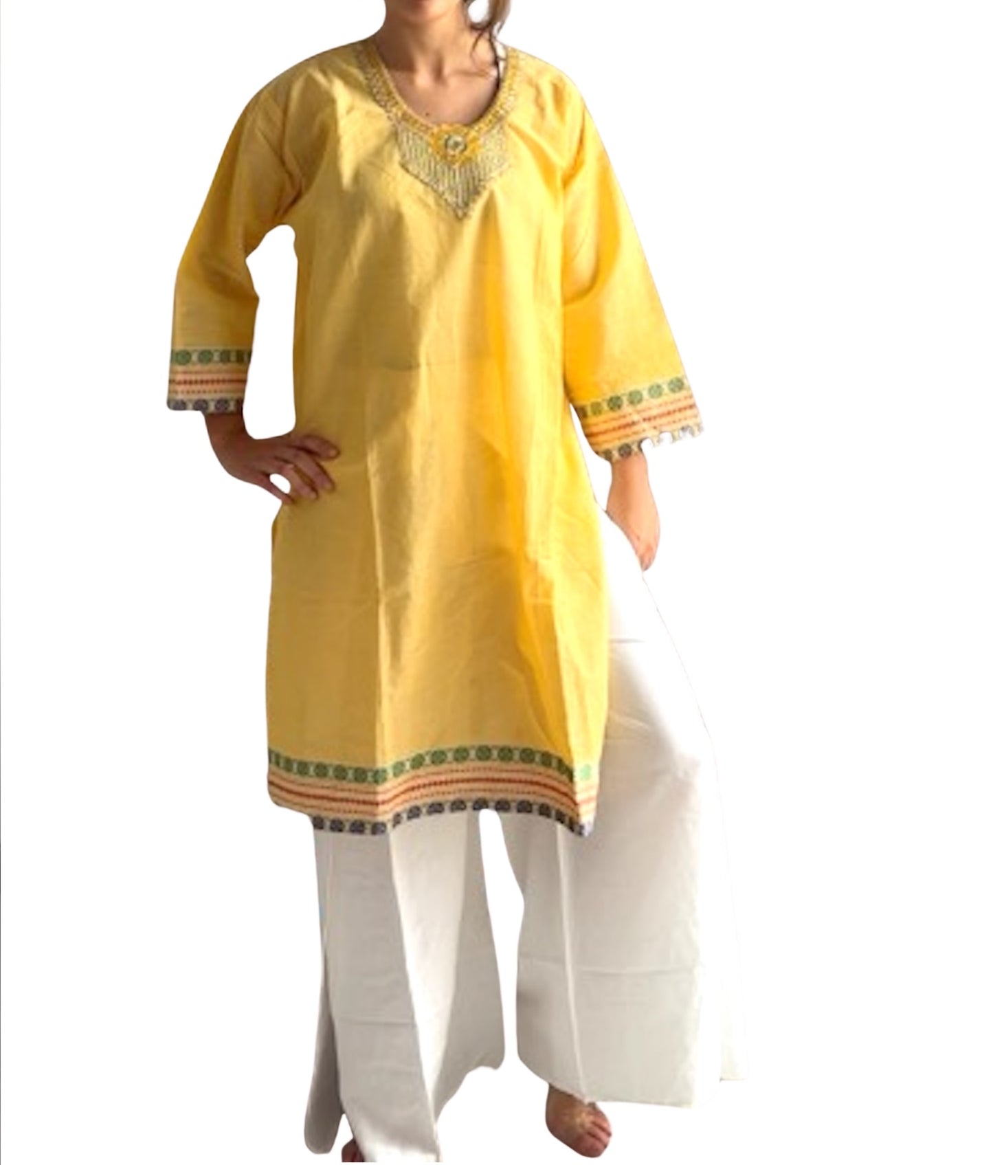 Kurti de South Cotton Amarillo con Escote Bordado