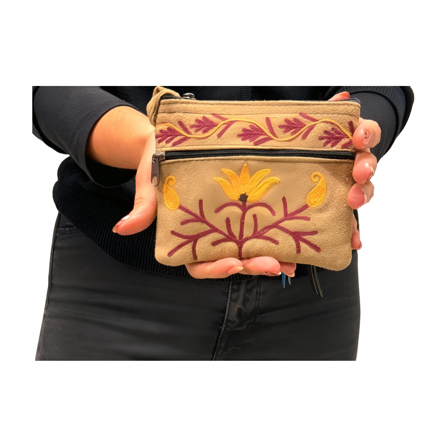 Monedero indio de piel beige bordado