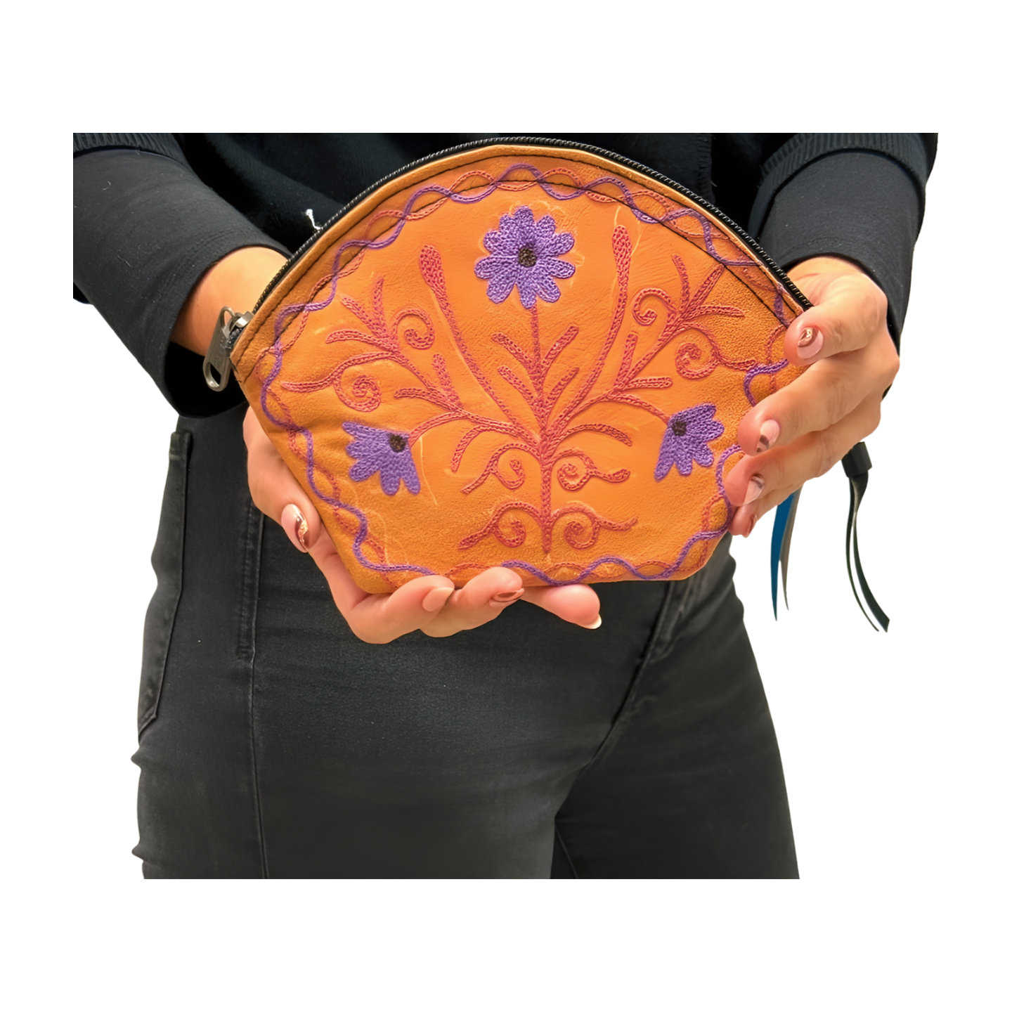 Monedero indio de piel naranja bordado