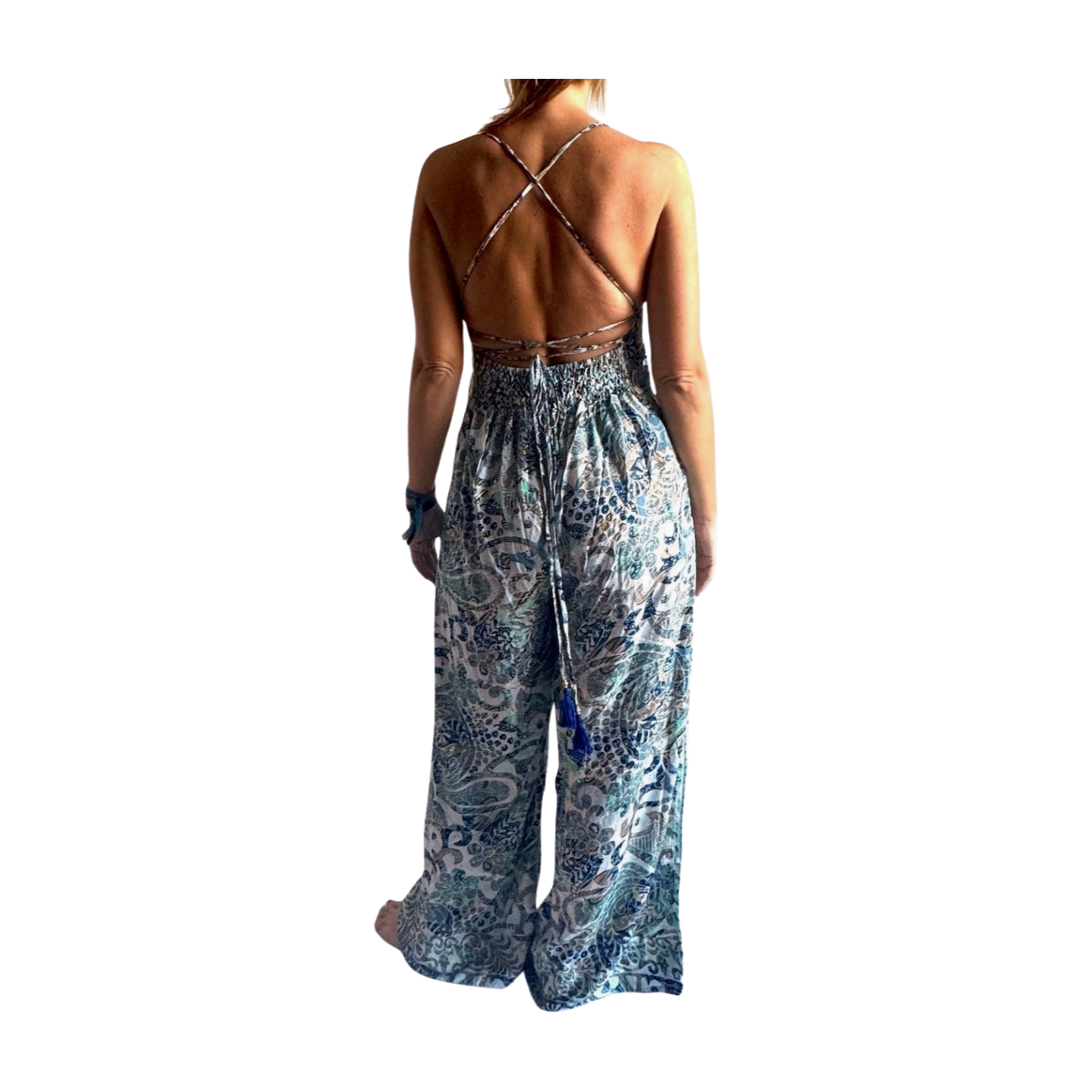 Mono de seda con pantalón ancho