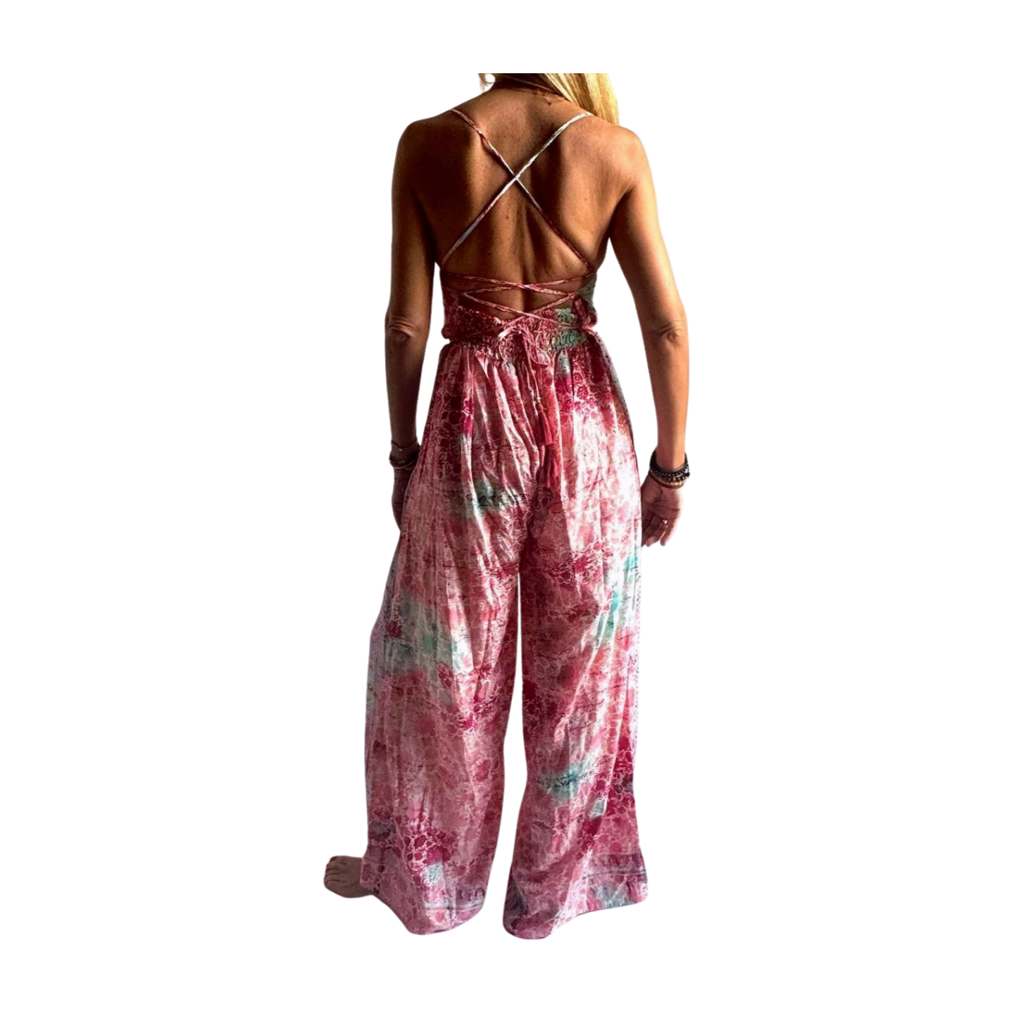 Mono de seda con pantalón ancho