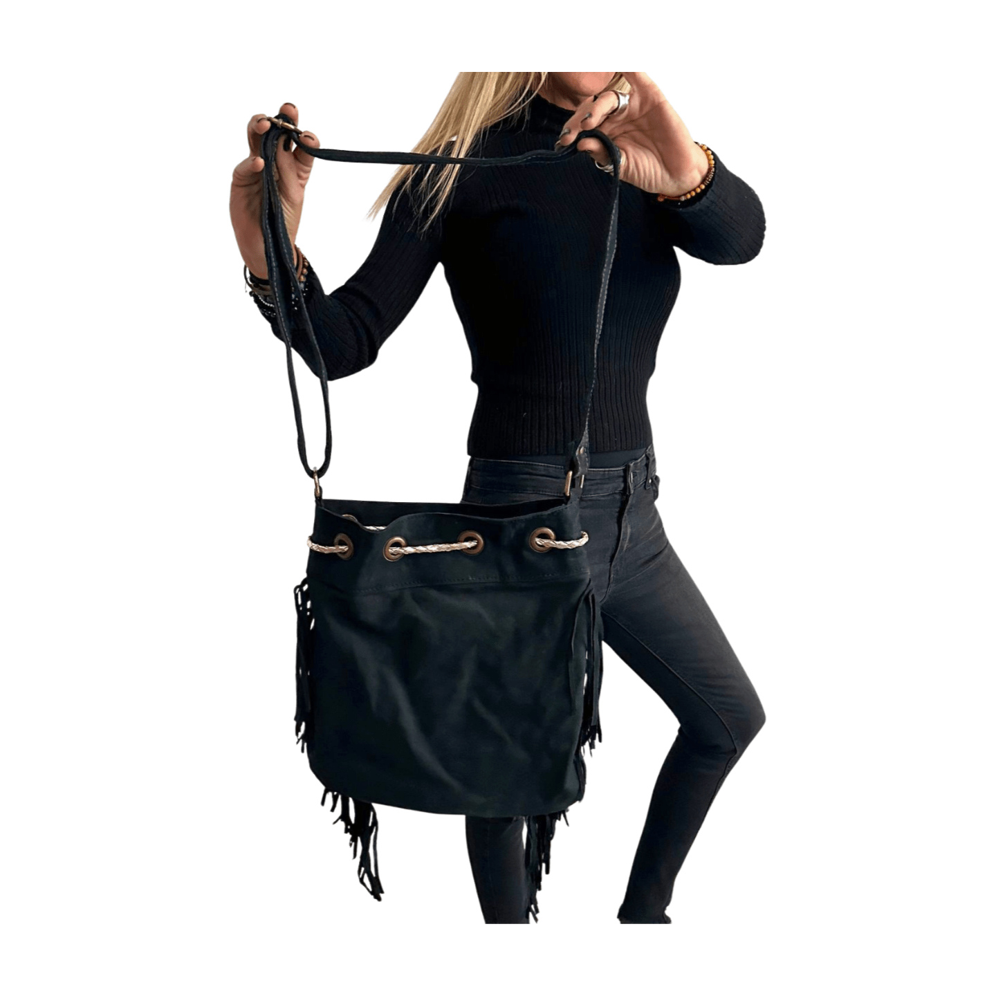 Bolso bandolera indio de piel con flecos