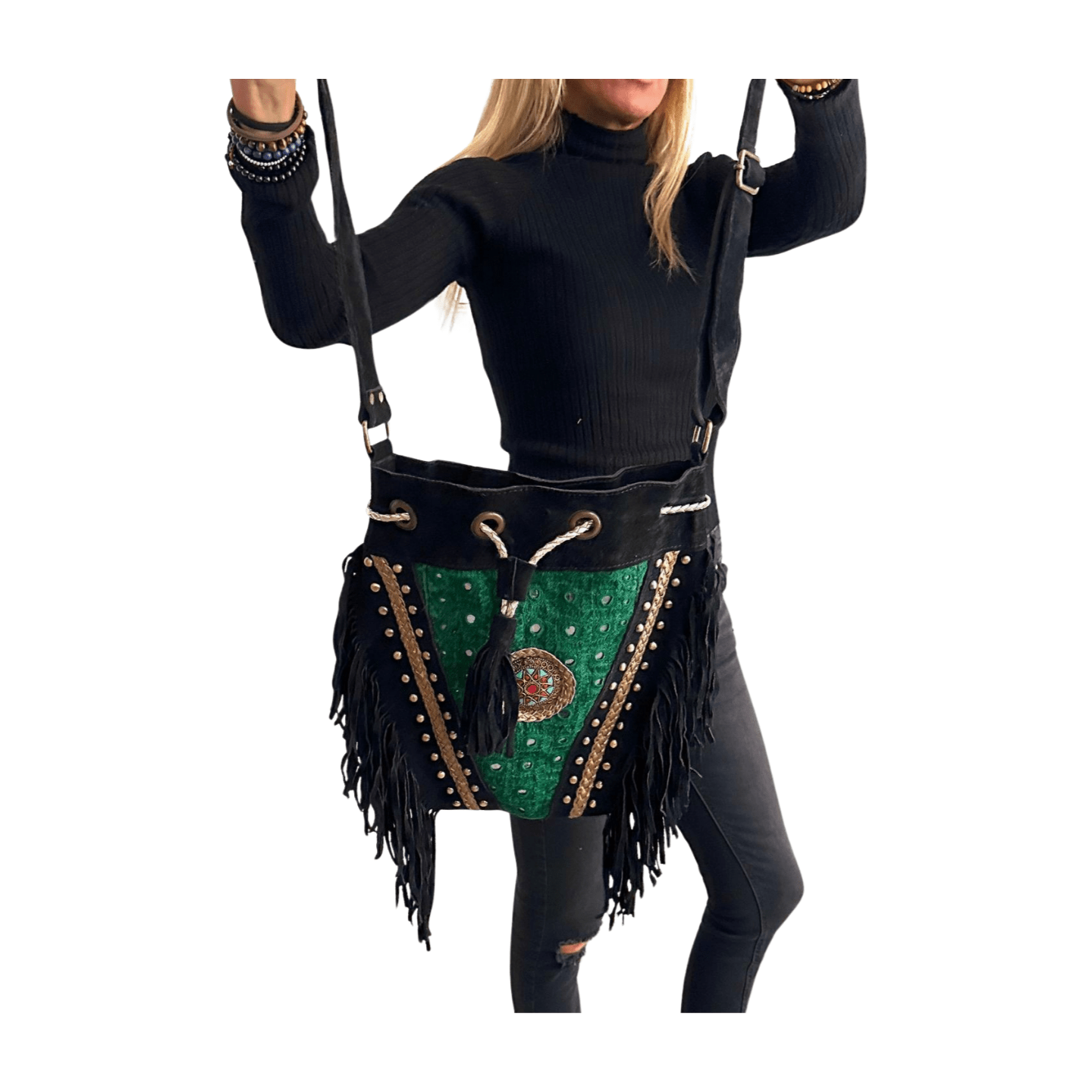 Bolso bandolera indio de piel con flecos