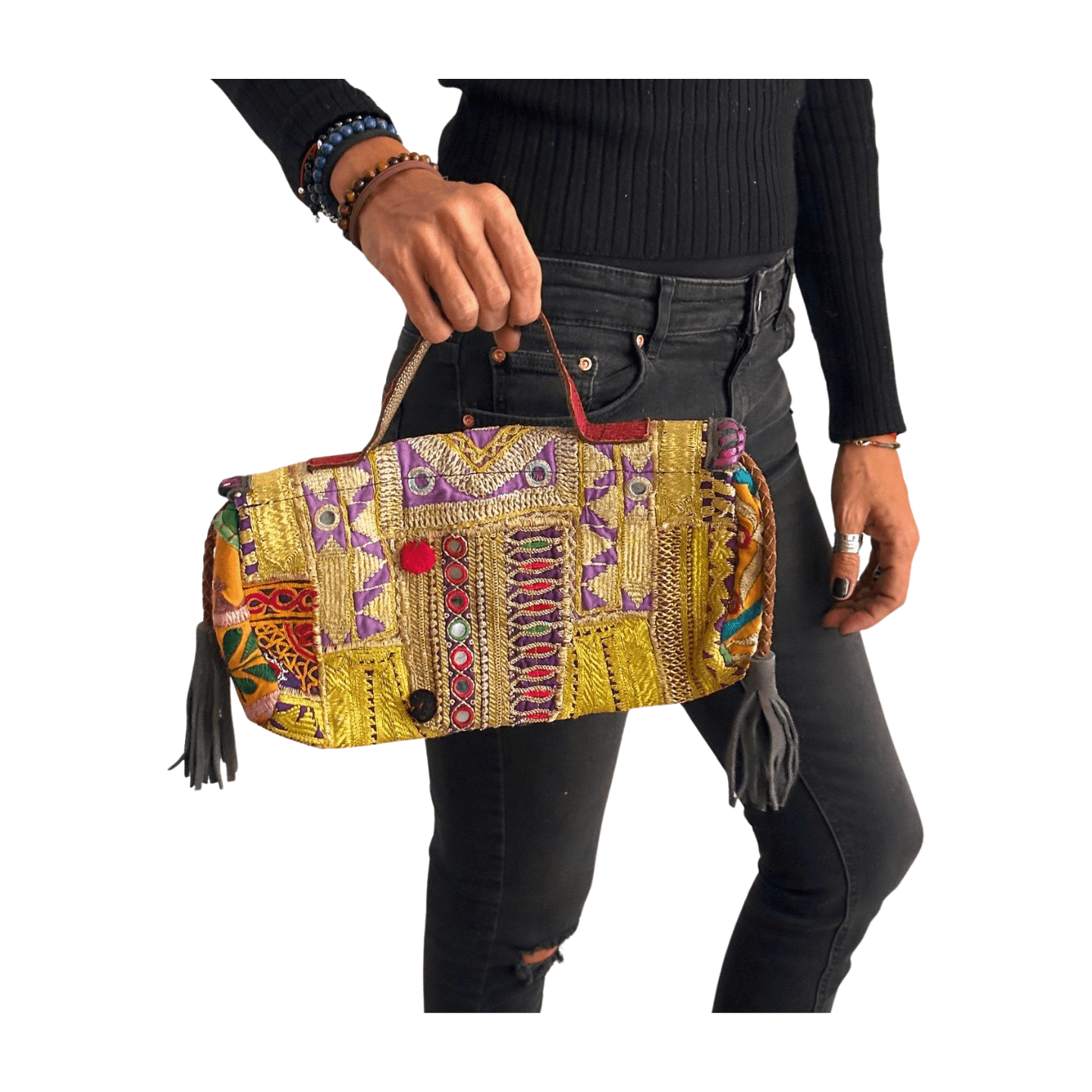 Bolso bohemio pequeño de piel con flecos y abalorios