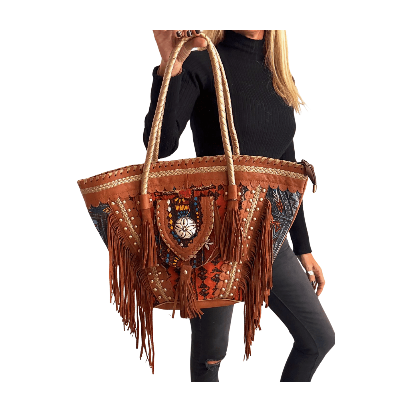 Capazo boho de piel con abalorios de la India