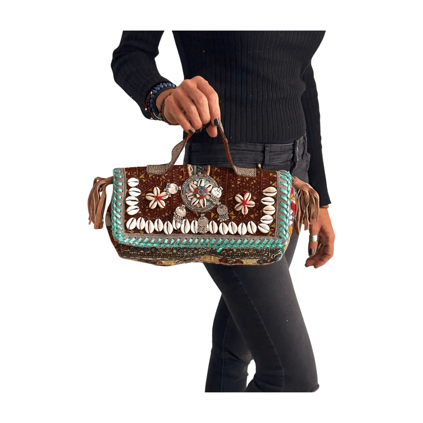 Bolso bohemio pequeño de piel con flecos y abalorios