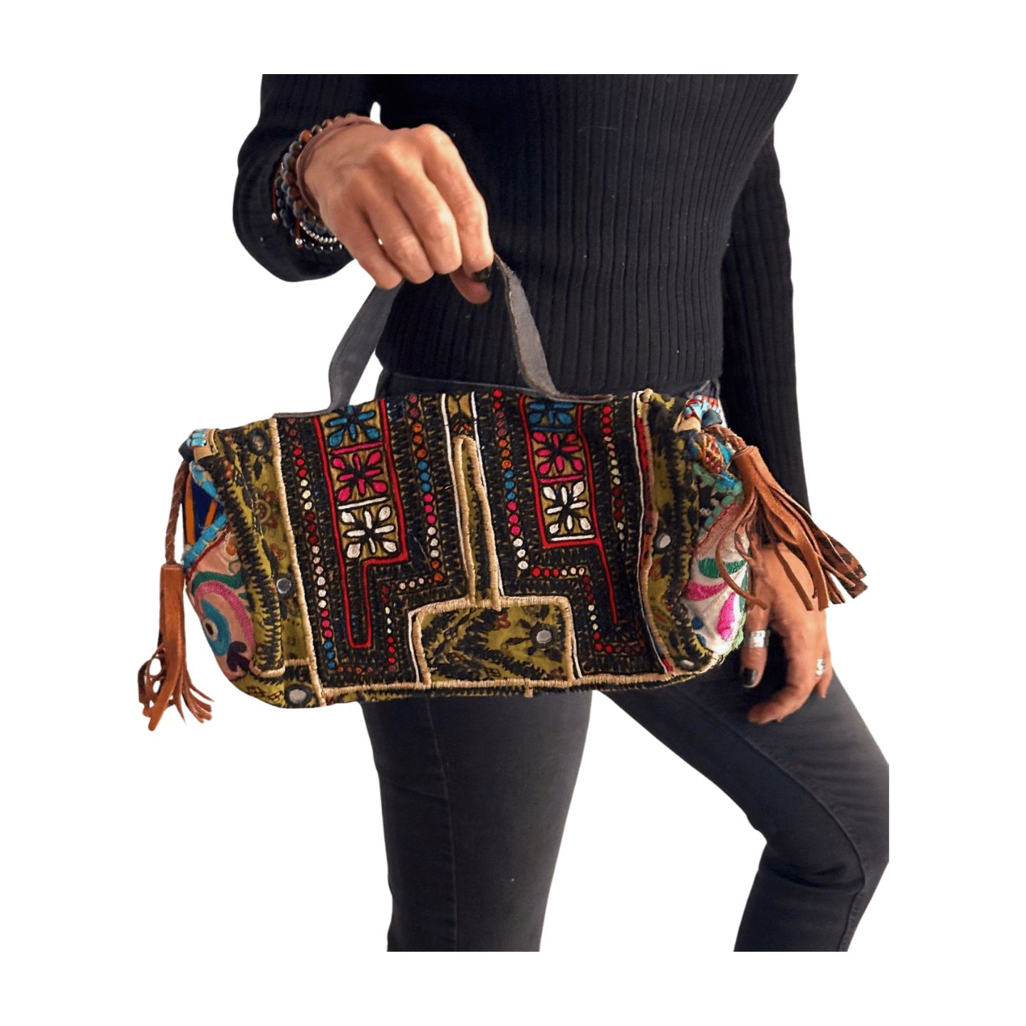 Bolso bohemio pequeño de piel con flecos y abalorios