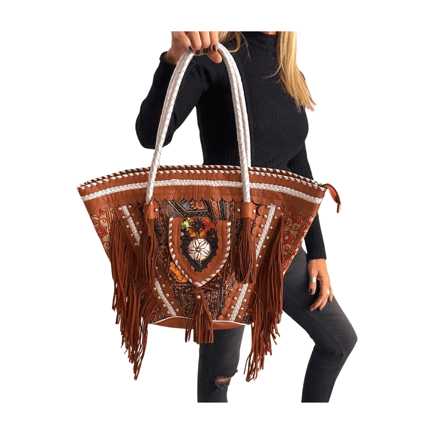 Capazo boho de piel con abalorios de la India