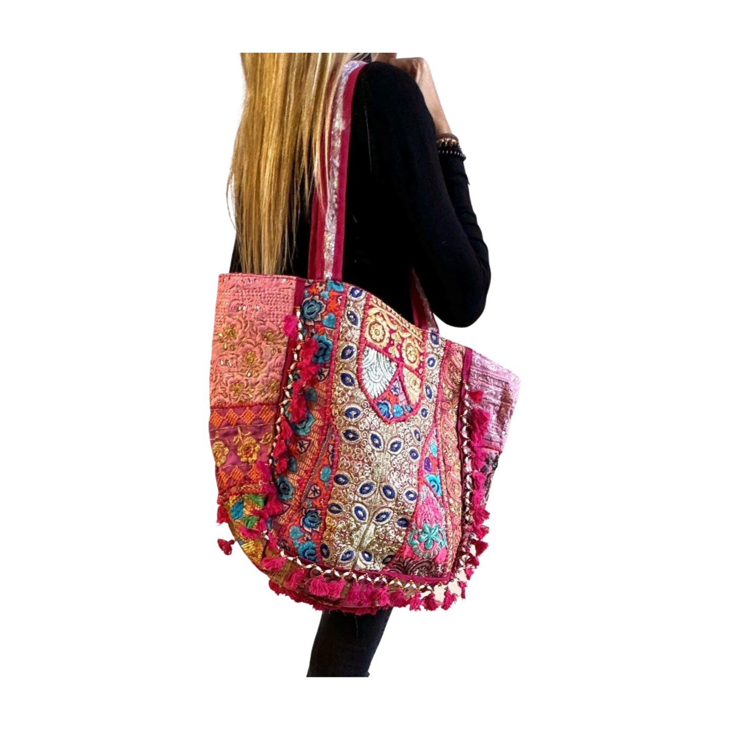 Bolso bohemio rosa con pompones