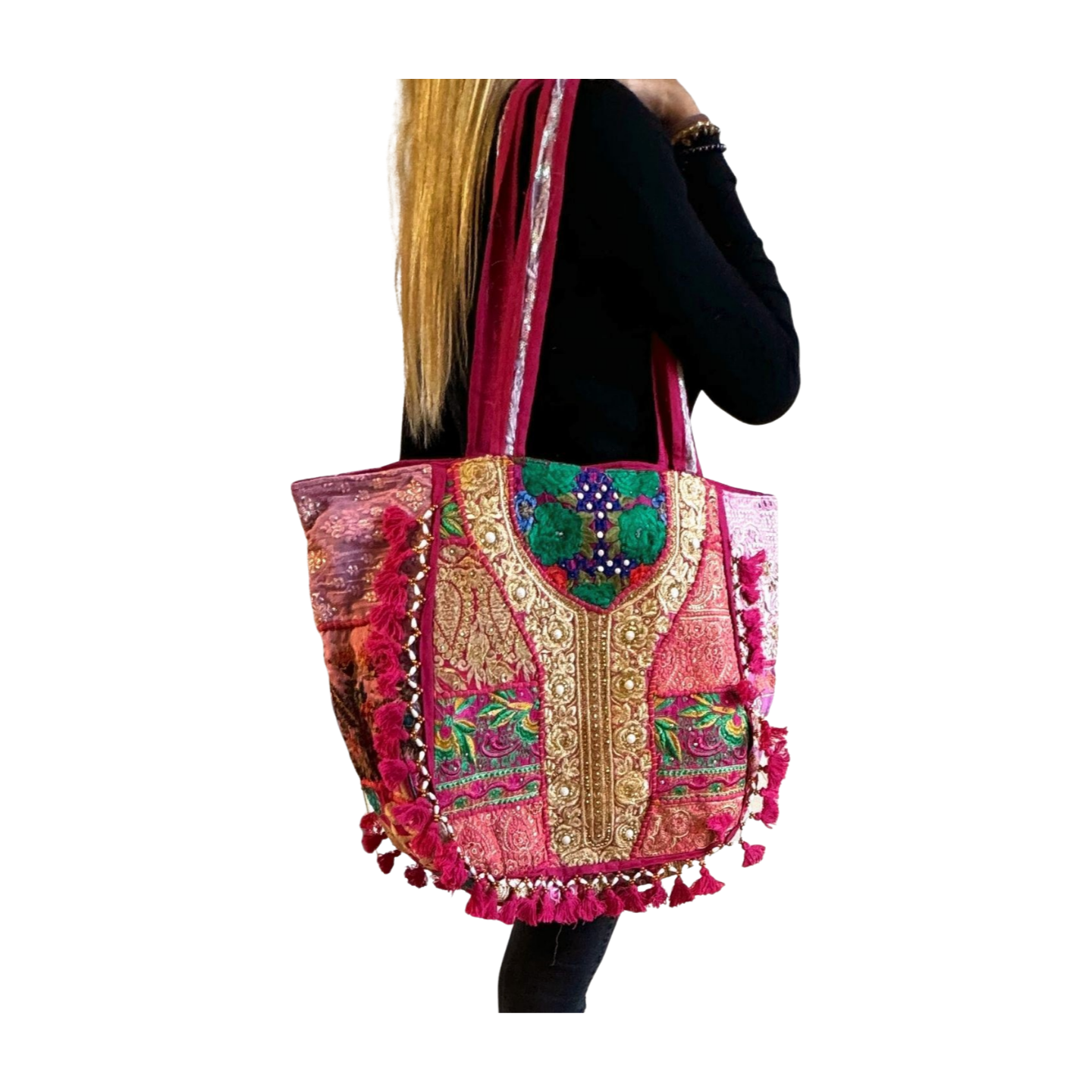 Bolso bohemio rosa con pompones