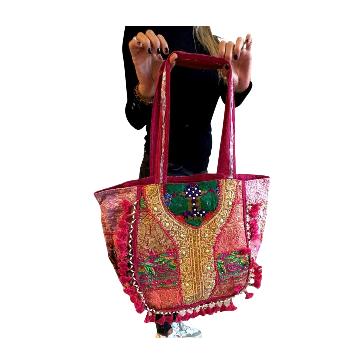 Bolso bohemio rosa con pompones